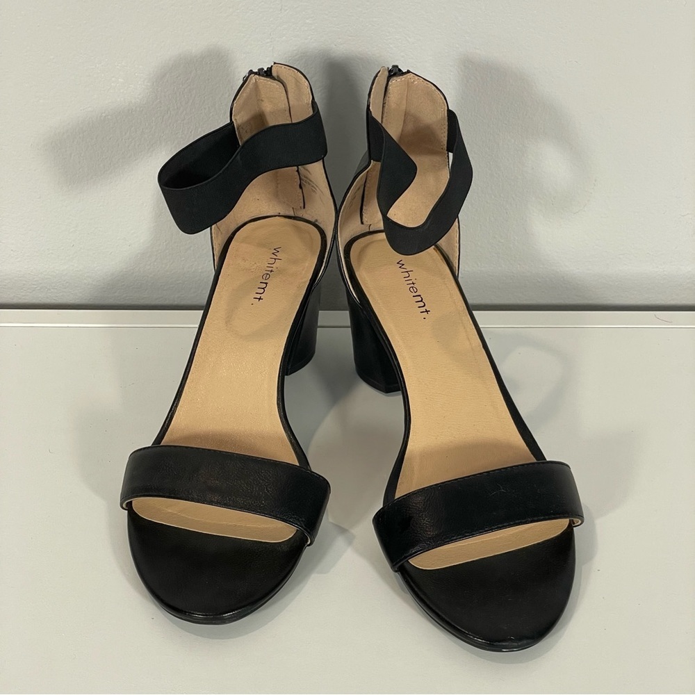 White Mountain “Elianna” Black Faux Leather Sz 11M Strap Ankle Zip Sandal Heel
